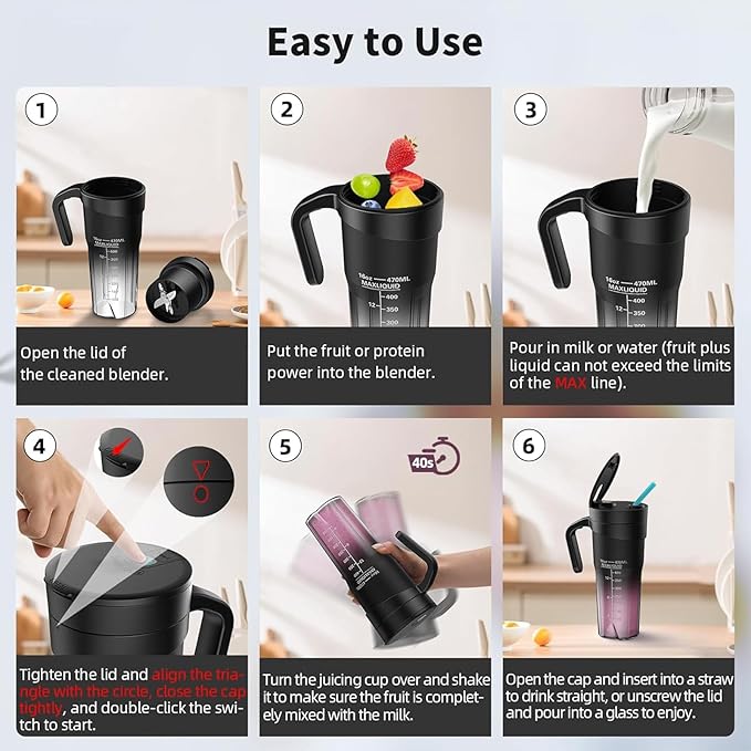 Portable Blender For Shakes 16oz Rechargeable With 6 Sharpness Multifunctional Cup Rechargeable Blender