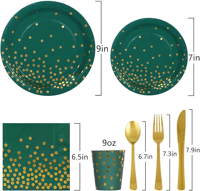 175Pcs Green Plates and Napkins Party Supplies Green and Gold Party Decorations for Birthday Graduation Party Decorations Serve 25