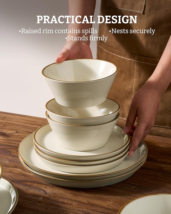 Famiware Saturn Plates and Bowls Dish Sets for 6 (18 Pieces) Stoneware Dinnerware Set with Hand-Painted Trim - Chip &amp Scratch Resistant Microwave &amp Dishwasher Safe Ceramic Dishes Vanilla Wh