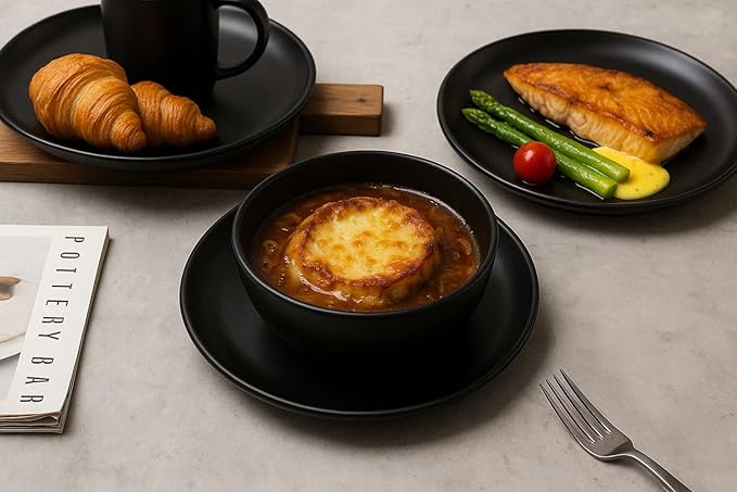 12-Piece Stoneware Dinnerware Set with Mugs Matte Glaze Microwave &amp Dishwasher Safe Stackable Service for 3 White (BlacK of 3)