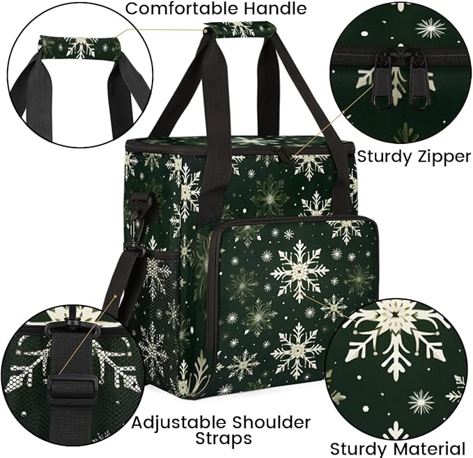 Xmas Snowflakes Coffee Maker Carrying Bag Modern Snowflakes Travel Storage Bag Compatible with K-Mini or K-Mini Plus Single Serve Coffee Brewer Carrying Case with Multiple Pockets &amp Shoulder Str