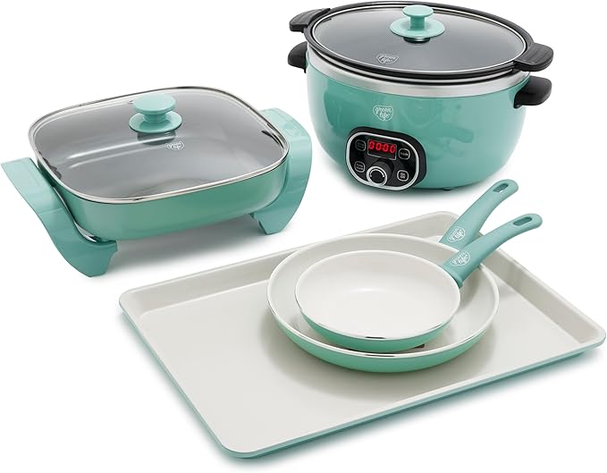 GreenLife 16-Piece Cookware Set 18.5x13.5 Cookie Sheet 2 Cutting Boards Soft Grip Ceramic Nonstick PFAS &amp PFOA-Free Dishwasher Safe Extra Durable Turquoise