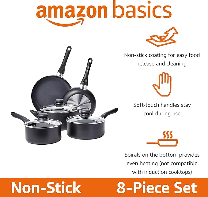 Amazon Basics Ceramic Non-Stick Cookware 8-Piece Set Pots and Pans Black
