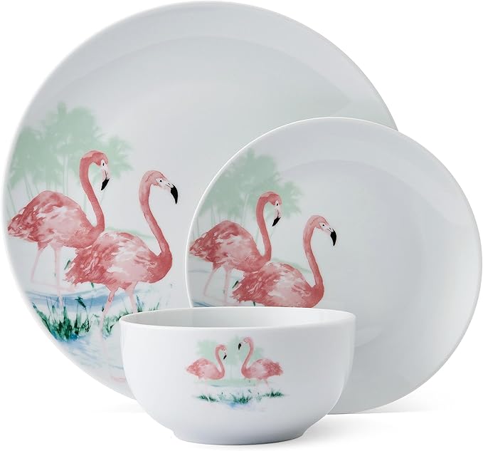 Studio Nova Flamingo Haven Tropical 12 Piece Dinnerware Plate Bowl Set Service for 4