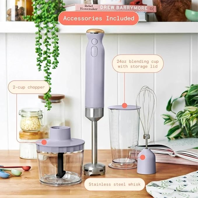 Cordless Hand Blender with 2-Cup Chopper Whisk &amp Large Measuring Cup Perfect for Cooking Smoothies Sauces Purees and Meal Prep (Lavender)