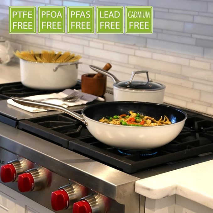 TeChef ValenCera Collectioin | Ceramic Nonstick Flat Bottom Wok Stir Fry Pan with Lid Nontoxic - Free of PFOA PTFE PFAS Induction Ready Oven Safe Made in Korea (Wok/Stir Fry Pan with Lid 12-in)