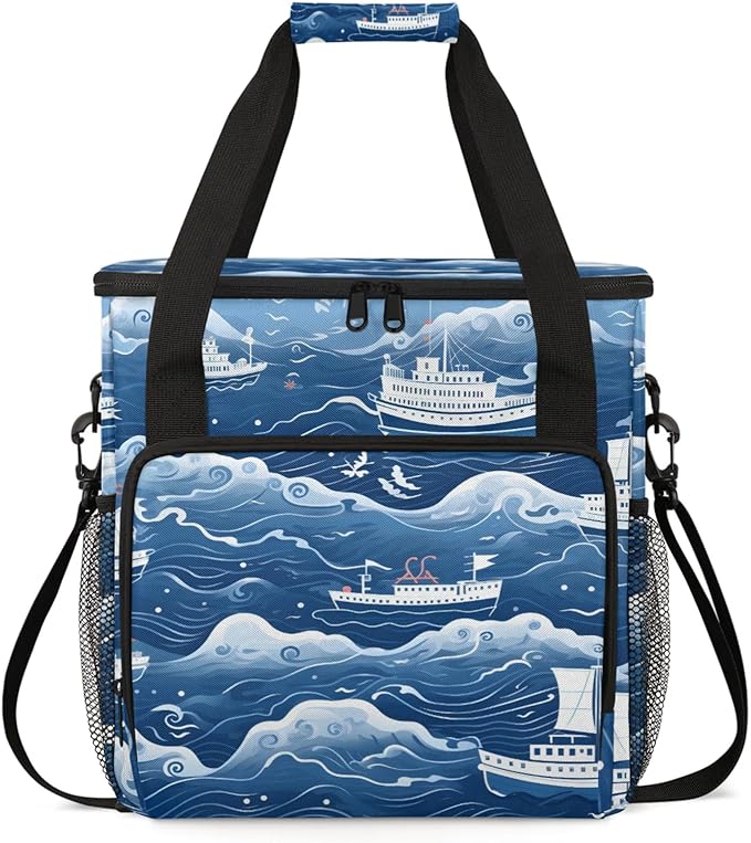 Ocean Ship Print Coffee Maker Travel Bag for Keurig K-Mini/K-Mini Plus Insulated Waterproof Tote with Pockets for K-Cup Portable Single-Serve Brewer Case