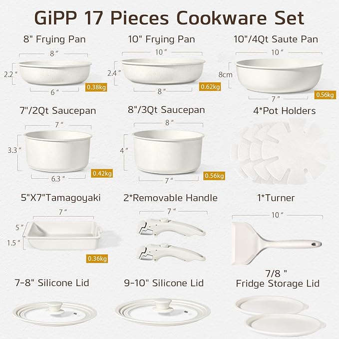GiPP Ceramic Pots and Pans Set Non Stick Nonstick Detachable Handle Cookware Sets Healthy Non Toxic PFAS PFOA &amp PTFE Free Dishwasher ＆Oven Safe Induction Kitchen Pot and Pan