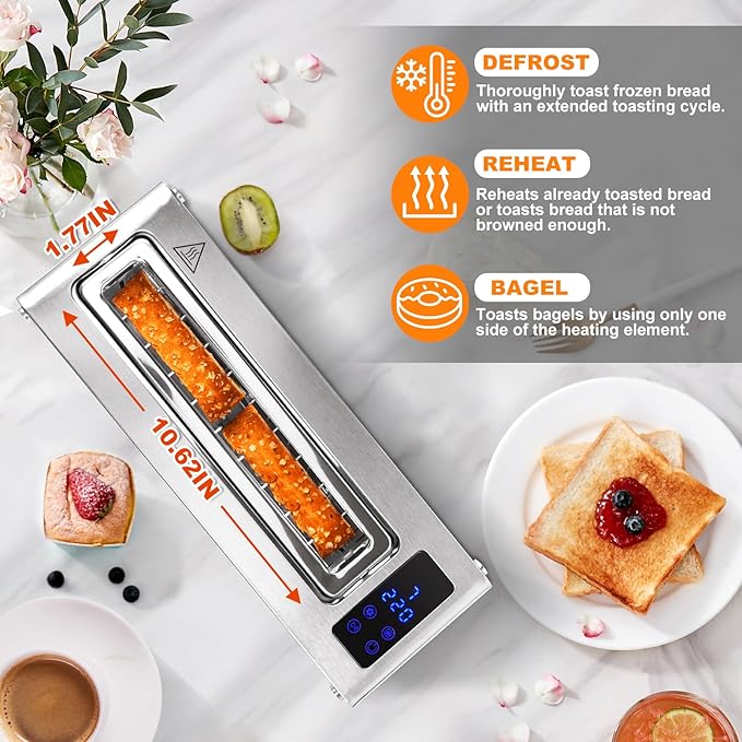 CUSIMAX Toaster 2 Slice Long Slot with Clear View Glass WindowOne Touch Digital Control Presets with Automatic LiftingSlide-out Glass Panel and Easy Clean Up Crumb Tray