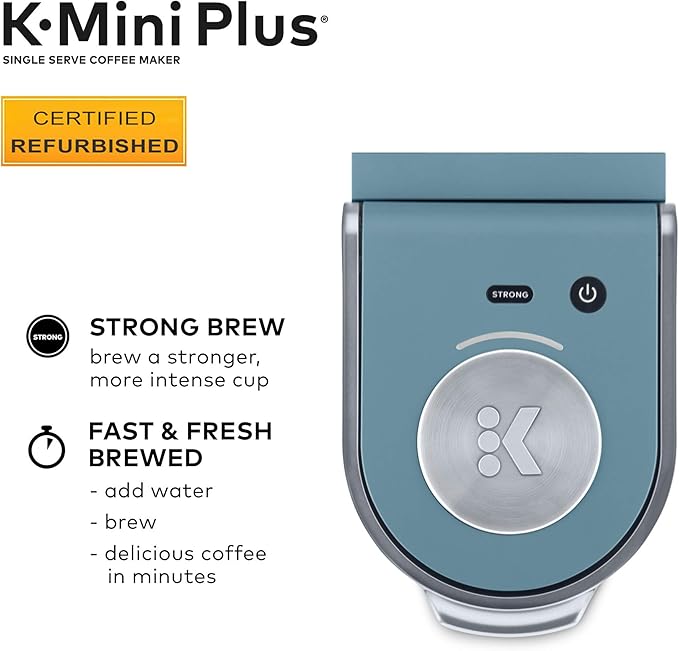 Keurig K-Mini Plus Coffee Maker Certified Refurbished Single Serve K-Cup Pod Coffee Brewer Comes With 6 to 12 oz. Brew Size K-Cup Pod Storage and Travel Mug Friendly Evening Teal (Renewed)
