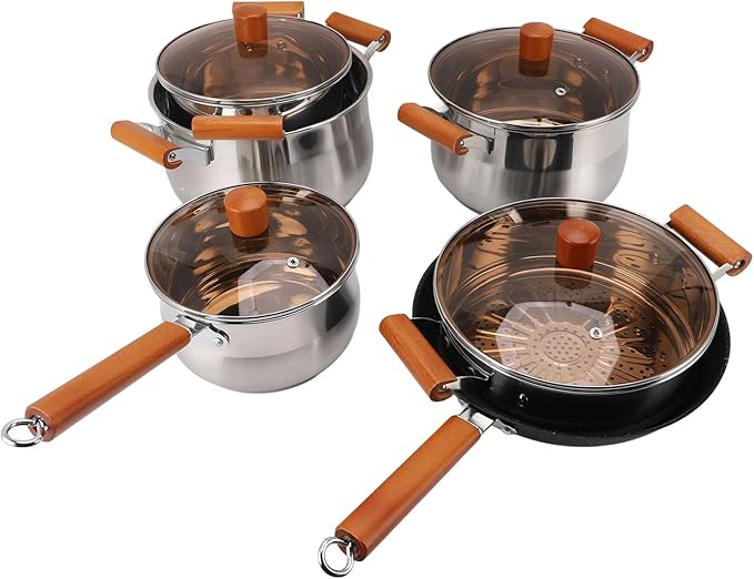 Kitchen Cookware Set Durable Wooden Handle Cooking Set for Steaming Boiling Making Soup Efficient Performance Applicable for Everyday Use