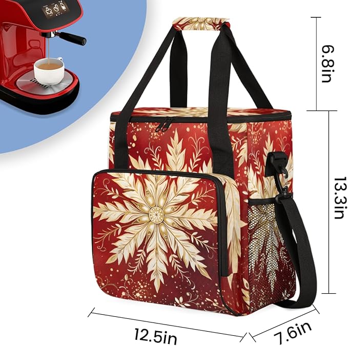 Xmas Snowflakes Coffee Maker Carrying Bag Cute Snowflakes Travel Storage Bag Compatible with K-Mini or K-Mini Plus Single Serve Coffee Brewer Carrying Case with Multiple Pockets &amp Shoulder Strap