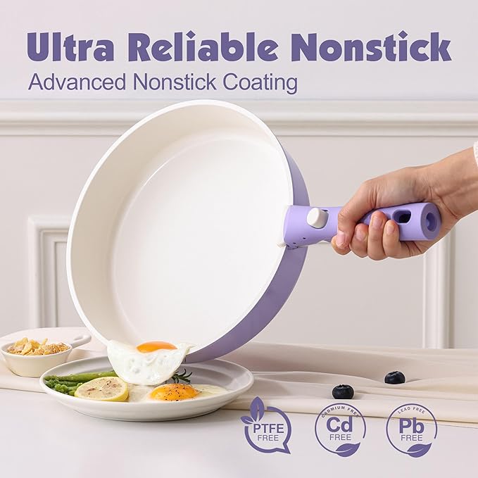 SENSARTE 17 Piece Ceramic Pots and Pans Set Nonstick Detachable Handle Cookware Induction Kitchen Cookware Set with Removable Handle Dishwasher ＆ Oven Safe (Purple)