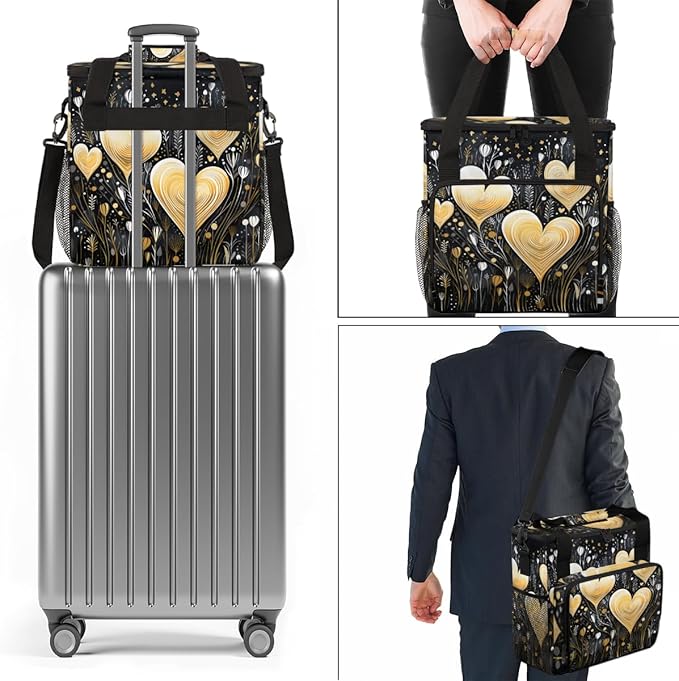 Black Gold Heart Coffee Maker Carrying Bag Portable Travel Storage Tote Bag Compatible with K-Mini or K-Mini Plus Single Serve Coffee Brewer Carrying Case with Multiple Pockets &amp Shoulder Strap
