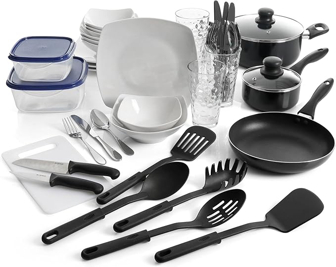 45 Piece Kitchen Dinnerware &amp Cookware Set – White Ceramic Dishes Flatware Nonstick Pots Glass Tumblers Cutlery &amp Storage Containers