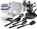 45 Piece Kitchen Dinnerware &amp Cookware Set – White Ceramic Dishes Flatware Nonstick Pots Glass Tumblers Cutlery &amp Storage Containers