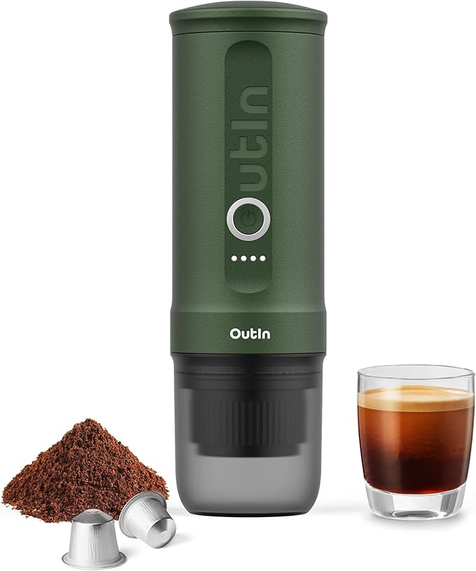 OutIn Nano Portable Electric Espresso Machine Travel Coffee Maker for Camping Car Coffee Maker Self-Heating with USB-C With Ground Coffee &amp NS Capsule for RV Hiking Office