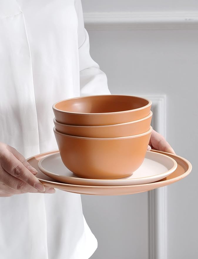 Melamine Dinnerware Sets 12pcs Plates and Bowls for 4 Unbreakable Dinnerware Sets Ideal Dinnerware for Party Unbreakable BAP free Dishwasher Safe Red Color (Terracotta Color)