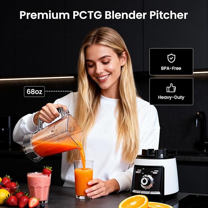 1800 WP Smoothie Blenders for Kitchen 30000 RPM Large Blender for Smoothies Ice Crushing &amp Frozen Fruit Heavy Duty Grinder with 68oz BPA-Free Pitcher Adjustment Speed Knob Silver