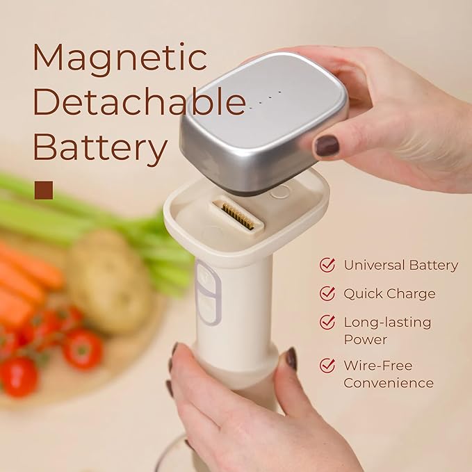 CARTMAN Cordless 3 In 1 Immersion Hand Blender with Removable Battery with Stainless Steel Blade Chopper Whisk for Soup Juice Outdoor PicnicVariable Speed Dishwasher-Safe