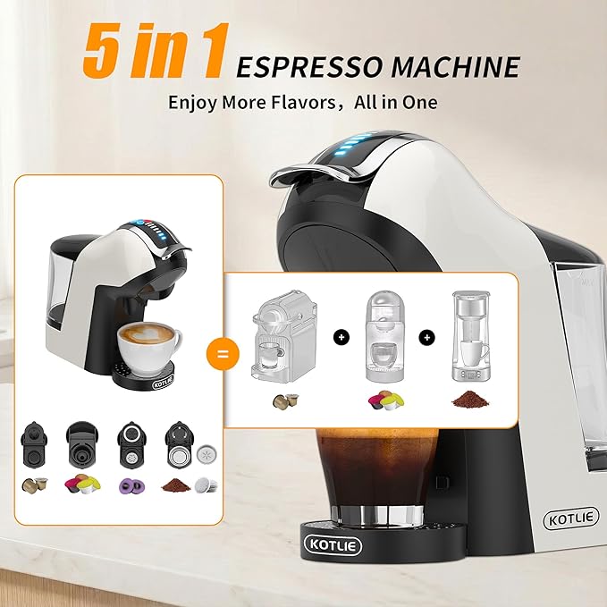 KOTLIE EM-308B Espresso Machine Single Serve Coffee Maker Compatible with Multiple Capsule Types Ground Coffee and ESE Pods 3 Temperatures 7 Water Volume Levels 34 Oz（White）
