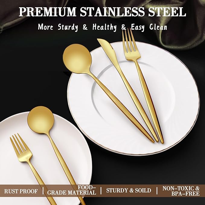 CEKEE Gold Silverware Set 40 Piece Gold Utensils Set Service for 8 Stainless Steel Flatware Set Include Knives Spoons and Forks Cutlery Set for Kitchen Home Restaurant Wedding Satin Finish