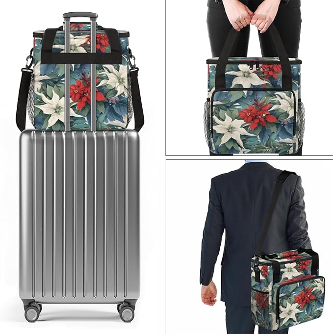 Holly Berry Flowers Coffee Maker Carrying Bag Modern Flowers Travel Storage Bag Compatible with K-Mini or K-Mini Plus Single Serve Coffee Brewer Carrying Case with Multiple Pockets &amp Shoulder St