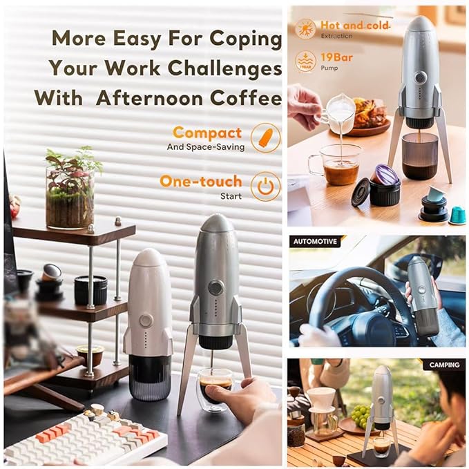 Portable Espresso Machine 19 Bar Mini Coffee Maker Self-Heating Electric Espresso Maker Recharging Travel Coffee Maker Hot and Cold All in One Coffee Maker for Travel Hiking Home White