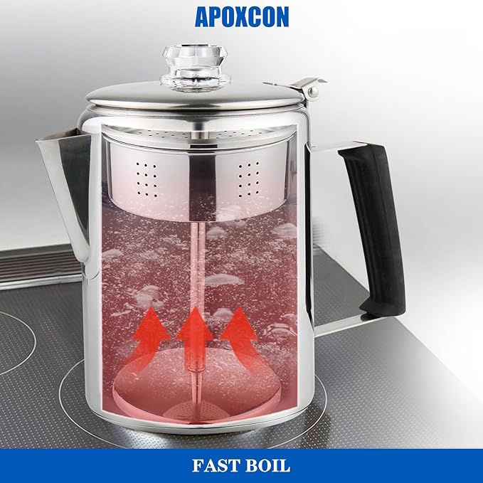 Multi Use Percolator Coffee Pot Stainless Steel Stove Top Coffee Maker with Two Borosilicate Glass Knob Silica Handle Camping Coffee Pot Using on Campfire Stove &amp Induction Cooker Silver 9 Cup