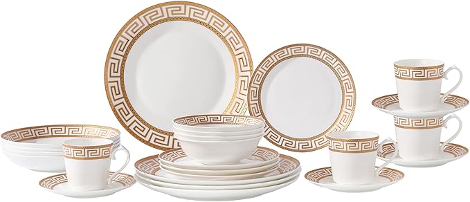 Lorren Home Trends 24 Piece Bone China Dinnerware Set with Gold Greek Key Design Service for 4 White