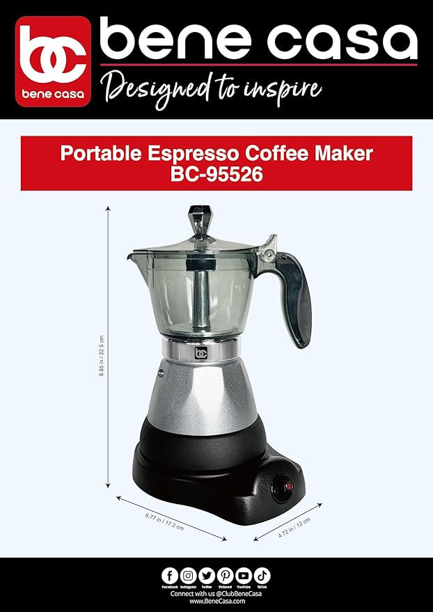 Bene Casa Silver Portable Electric Espresso Maker/Cafetera 1-3 Cups/Shots (1 SILVER)