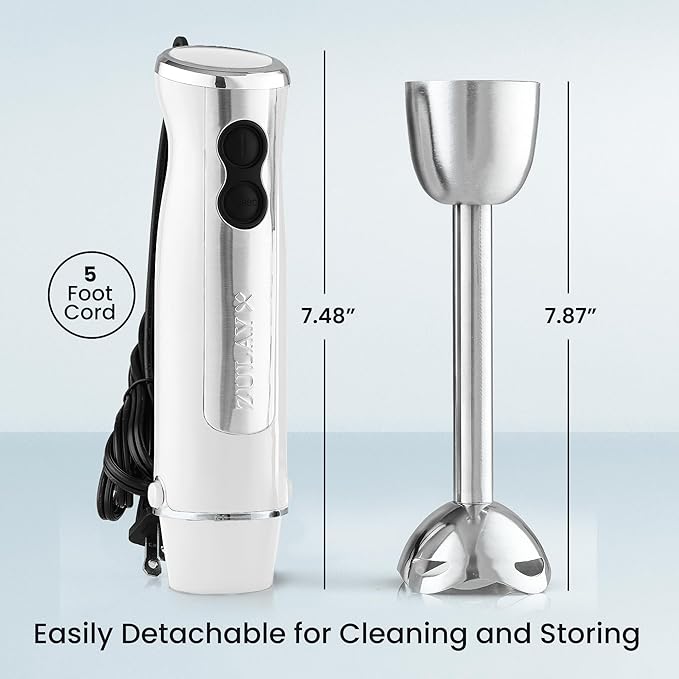 Zulay Immersion Stick Mixer Hand Blender - 800 Watts Turbo Mode 5-ft Power Electric Cord Handheld Portable Stainless Steel Blades - For Effortless Blending Smoothie Soup Baby Food Puree - White