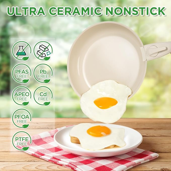 20pcs Ceramic Cookware Set Nonstick Detachable Handle Pots and Pans Set RV Kitchen Set Removable Handle for Cooking Non Toxic No PFAS &amp PTFE &amp PFOA Dishwasher/Oven Safe Cream White