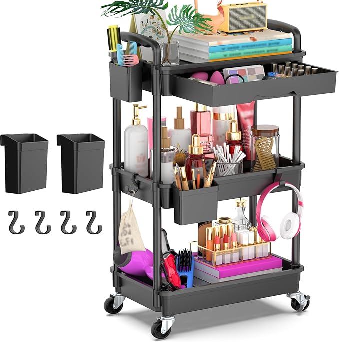 Goovilla 3 Tier Rolling Utility Cart Organizer with Removable Drawer Stable and Sturdy Black Rolling Storage Carts with 2 Lockable Wheels for Bathroom Kitchen Snack Craft Makeup Baby Essentials