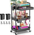 Goovilla 3 Tier Rolling Utility Cart Organizer with Removable Drawer Stable and Sturdy Black Rolling Storage Carts with 2 Lockable Wheels for Bathroom Kitchen Snack Craft Makeup Baby Essentials