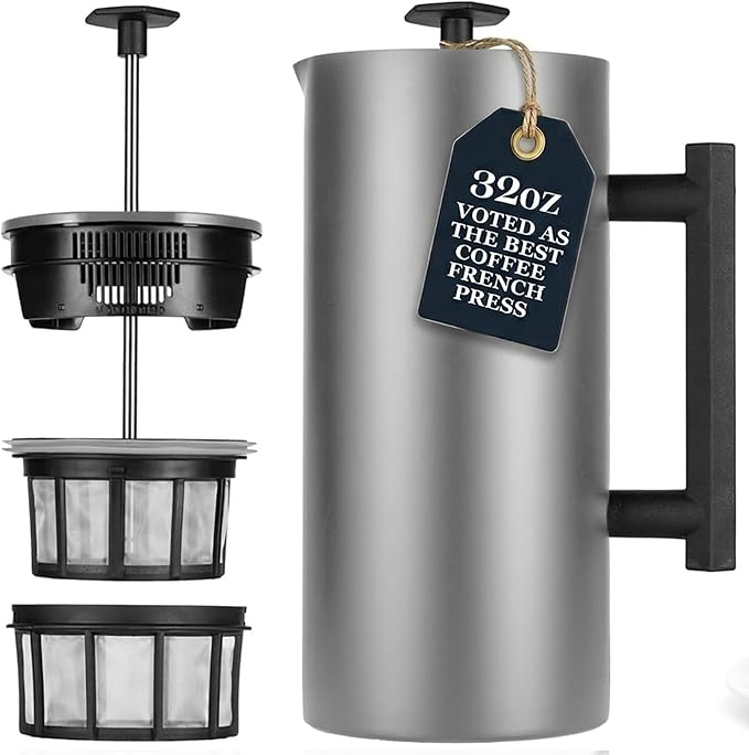ESPRO P6 32 Ounces French Press Coffee Maker Double Walled Stainless Steel Insulated Brushed Stainless Steel