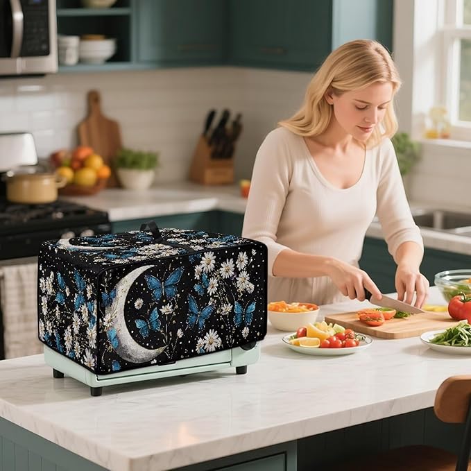 Buttefly Print Toaster Oven Cover for Kitchen Counter Decorative Daisy Moon Print Smart Microwave Oven Protector Dustproof Stain Resistant Bread Maker Cover Black