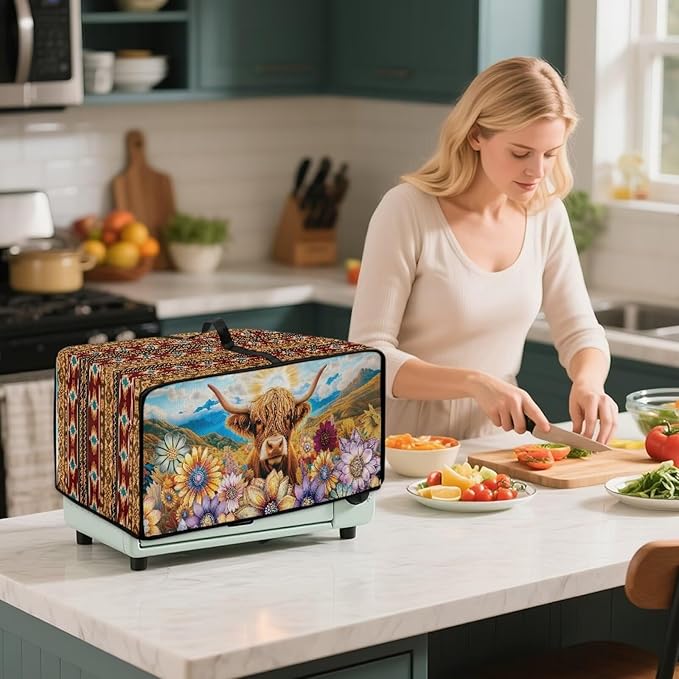 Doojoayie Highland Cow Toaster Cover 8 Slice Kitchen Appliance Covers 22.5x18.5x 13 Small Appliance Dust Protector with Top Handle Easy to Storange