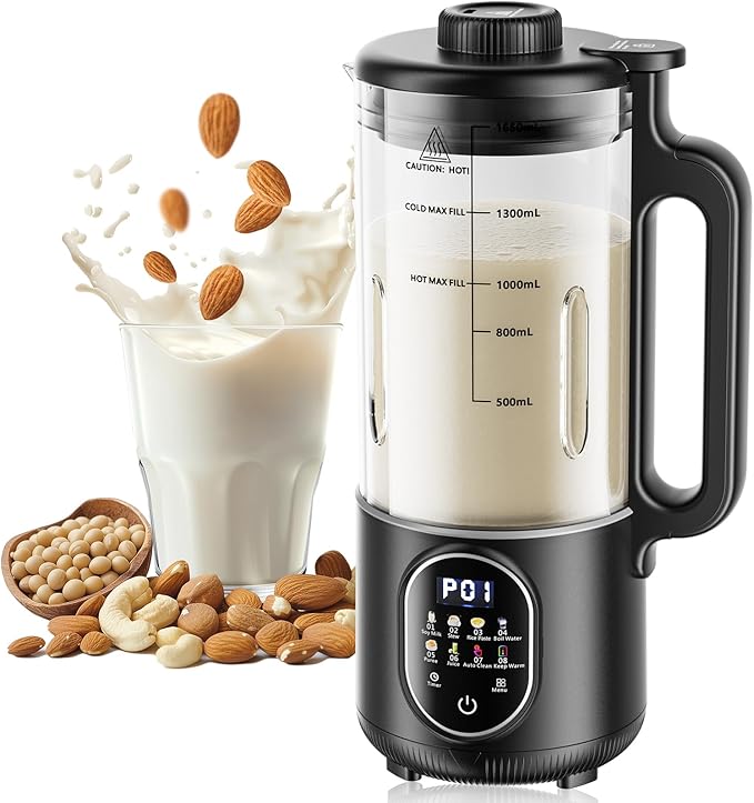 55oz Family Size Nut Milk Maker (5-6 Cups) Soy Milk Maker Machine for Almond/Oat/Soy/Cashew Milk Juice &amp Smoothie Almond Milk Maker with Auto Clean/Self-Clean Delay Start Boil Water &amp Kee