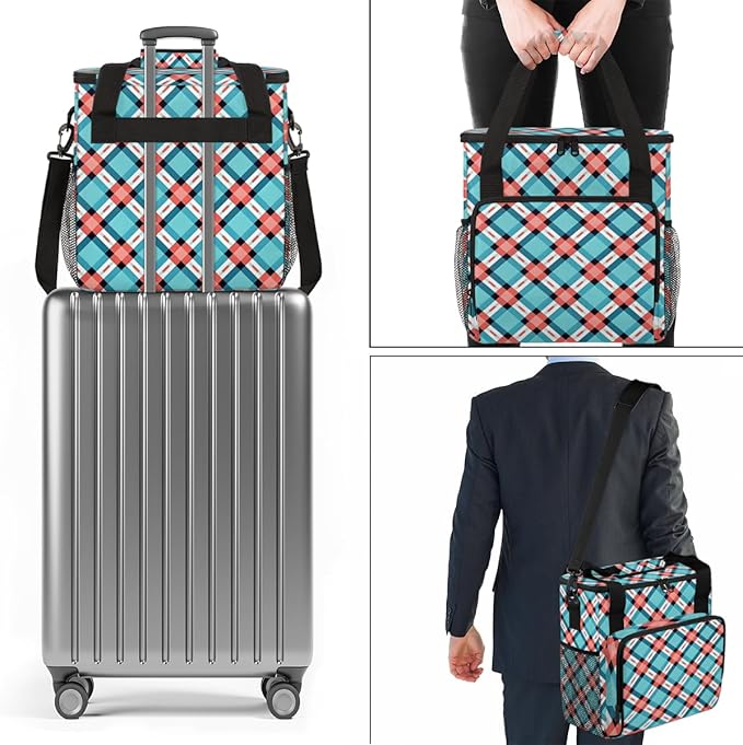 Blue Texture Plaid Coffee Maker Carrying Bag Portable Travel Storage Tote Bag Compatible with K-Mini or K-Mini Plus Single Serve Coffee Brewer Carrying Case with Multiple Pockets &amp Shoulder Stra