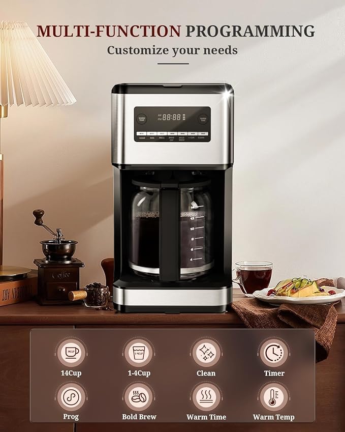 Kismile Coffee Maker 14-Cup Programmable Drip Coffee Makers Machines with Timer Keep Hot Plate &amp Reusable Filter Self-Cleaning Auto Pause Stainless Steel