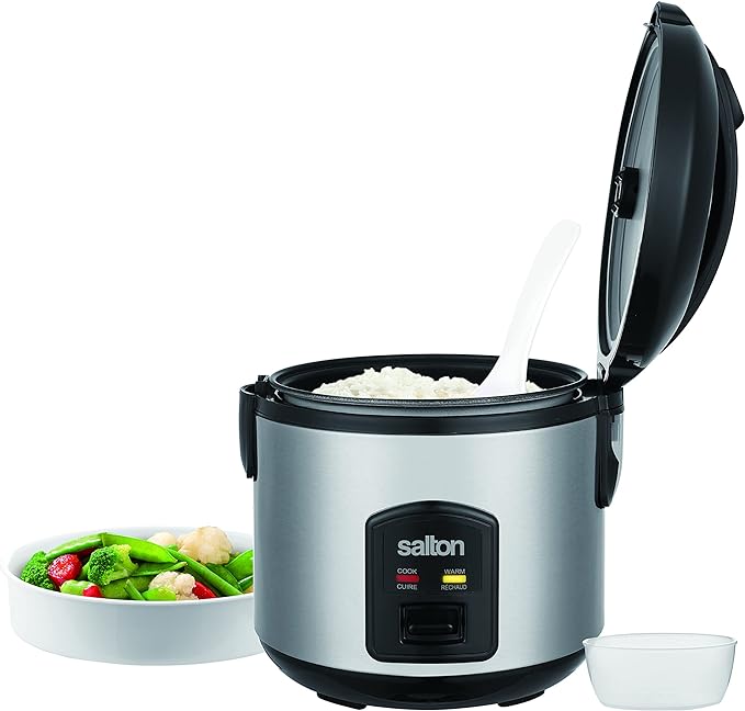 Salton 8 Cup Jar Style Automatic Rice Cooker with Food Steaming Basket Measuring Cup &amp Spatula Removable Non-Stick Cooking Bowl (RC2027)