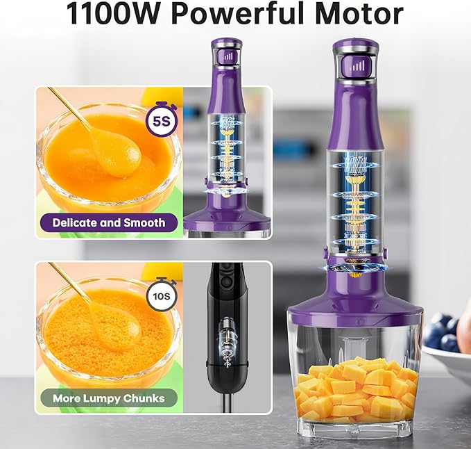 Immersion Blender Handheld Corded Hand Blenders Set 1100W Trigger Variable Speed 5 in 1 Stick Emulsifier with Chopper Whisk and Frother for Soup Baby Food and Smoothies Purple