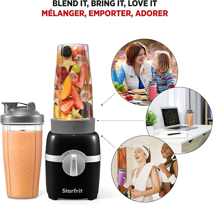 Starfrit Personal Blender - Two 828ml Cups - High Low &amp Pulse Modes - 300W - Black