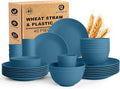 Wheat Straw Dishes Set 40 PCS Unbreakable Dinnerware Set of 8 - Dinner Plates Cereal Bowls Water Cup Lightweight Reusable Microwave &amp Dishwasher Safe Bowls for Kitchen and Outdoor - Blue