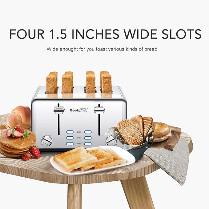 Toaster 4 Slice Geek Chef Stainless Steel Extra-Wide Slot Toaster with Dual Control Panels of Bagel/Defrost/Cancel Function 6 Toasting Bread Shade Settings Removable Crumb Trays Auto Pop-Up
