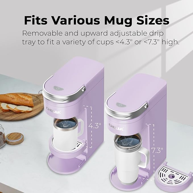 CHULUX Slim Single Serve Coffee Maker for K Pods One Cup Coffee Maker Fits 7.3 Travel Mugs Coffee Machine with 6 to 12oz Brew Sizes Lavender