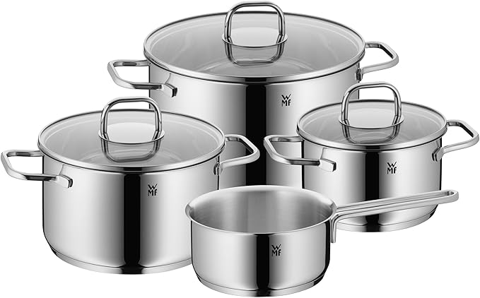 WMF Pot Set 4-Piece Inspiration Pouring Rim Glass Lid Cromargan® Stainless Steel Polished Suitable for Induction Hobs Dishwasher-Safe