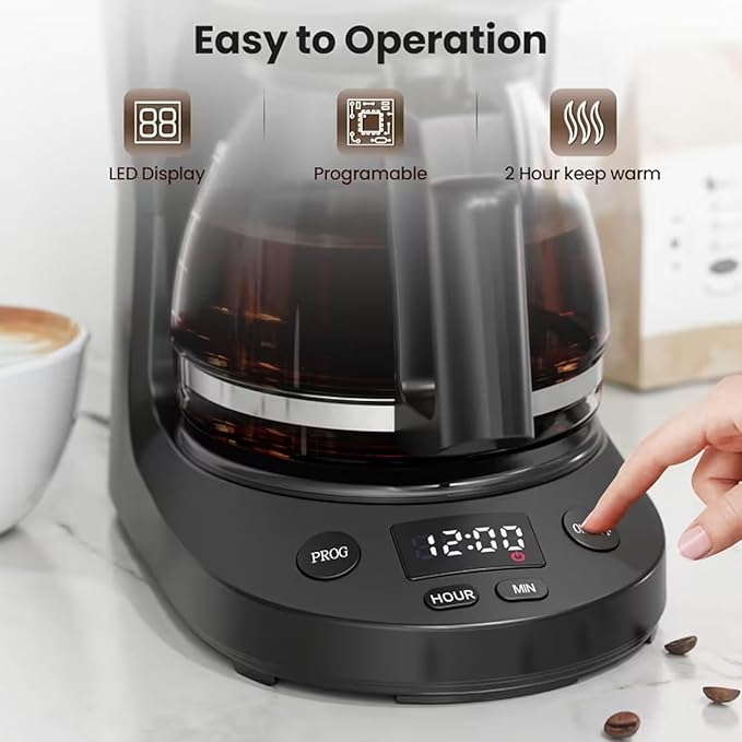 Coffee Maker with Warming Plate Black 2 Hours Keep Warm Function Permanent Filter Glass Carafe Auto Power Off 26 cm Capacity