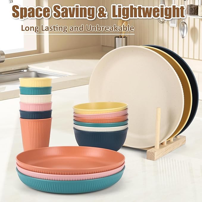 18PCS Wheat Straw Dinnerware Sets Unbreakable Reusable Dinnerware Set for 6 Microwave Dishwasher Safe Dinnerware for Outdoor Camping Dishes